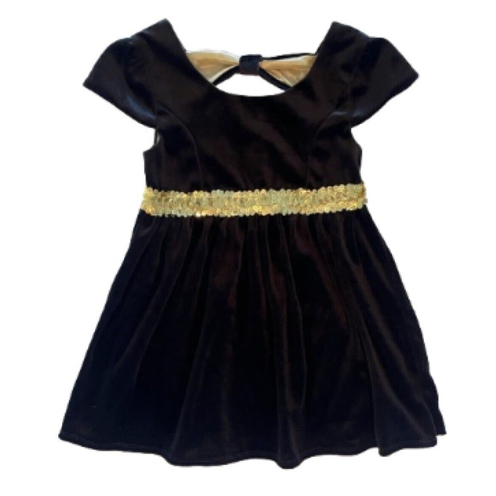 🔴2/$10 NEW Girl’s black bow back velvety dress w/ gold sequin sparkle waist 4/5